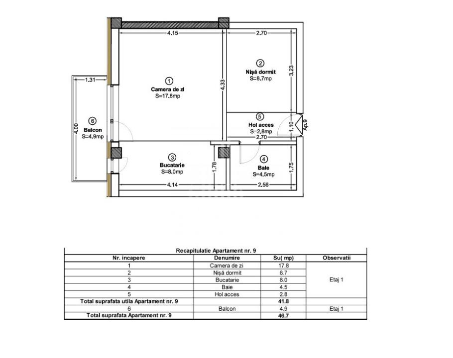 Apartament bloc nou cu 1 camera de vânzare Baciu  